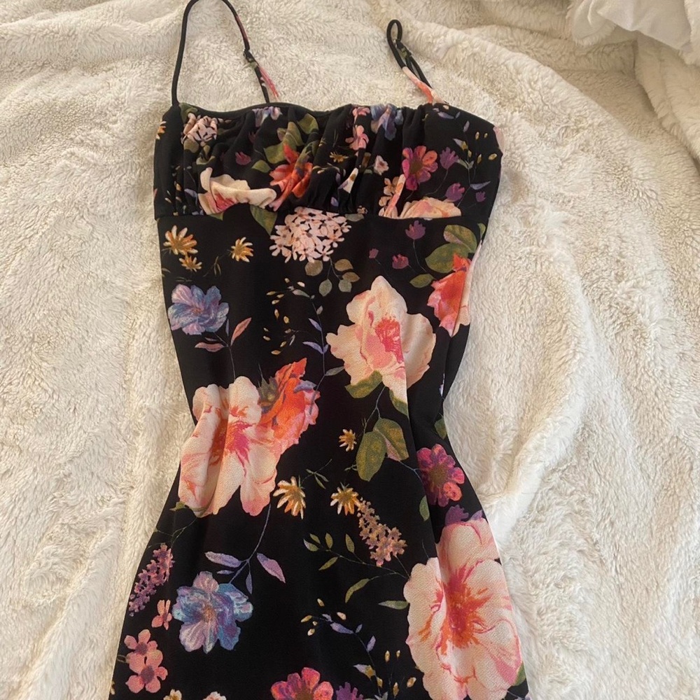 Black Floral Spaghetti-Strap Mini Dress with Pink & Coral Blooms
